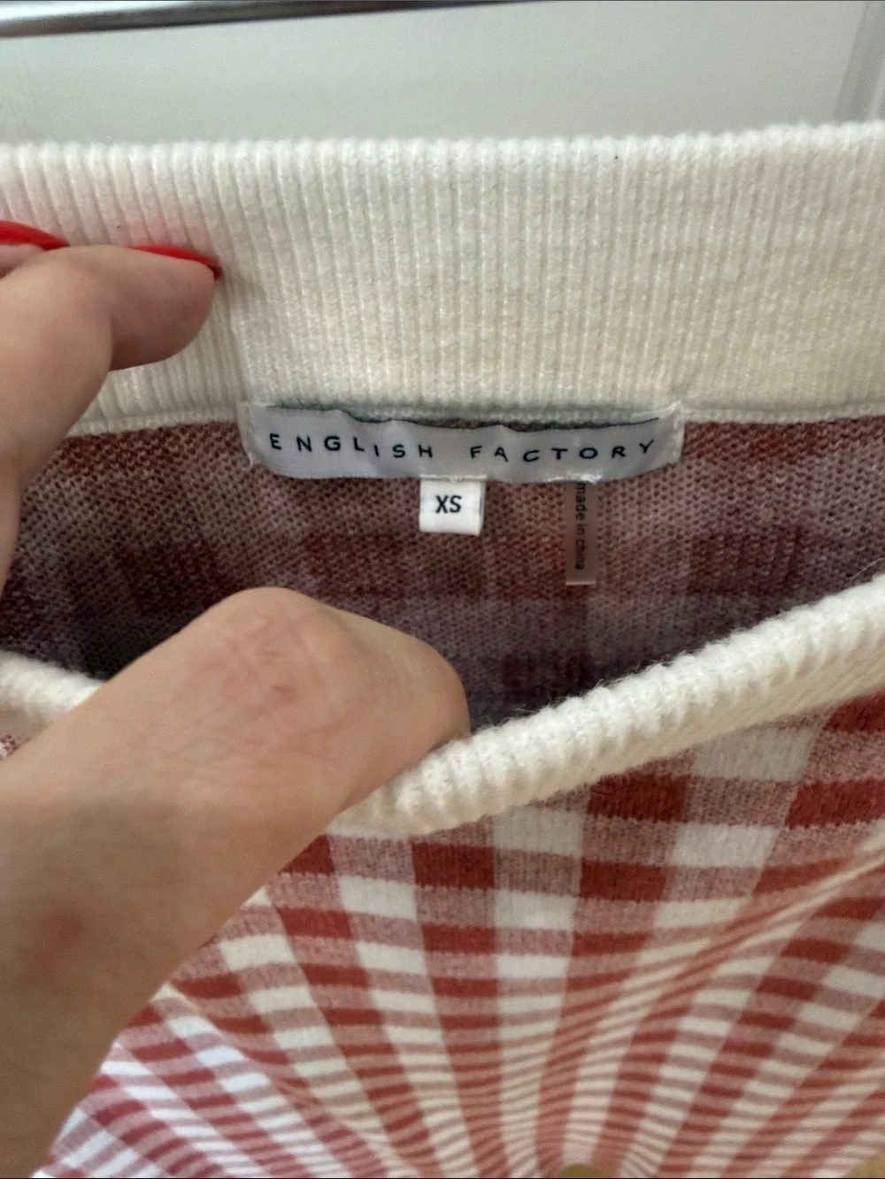 English Factory Cream and Rust Red Gingham Knit Pencil Skirt